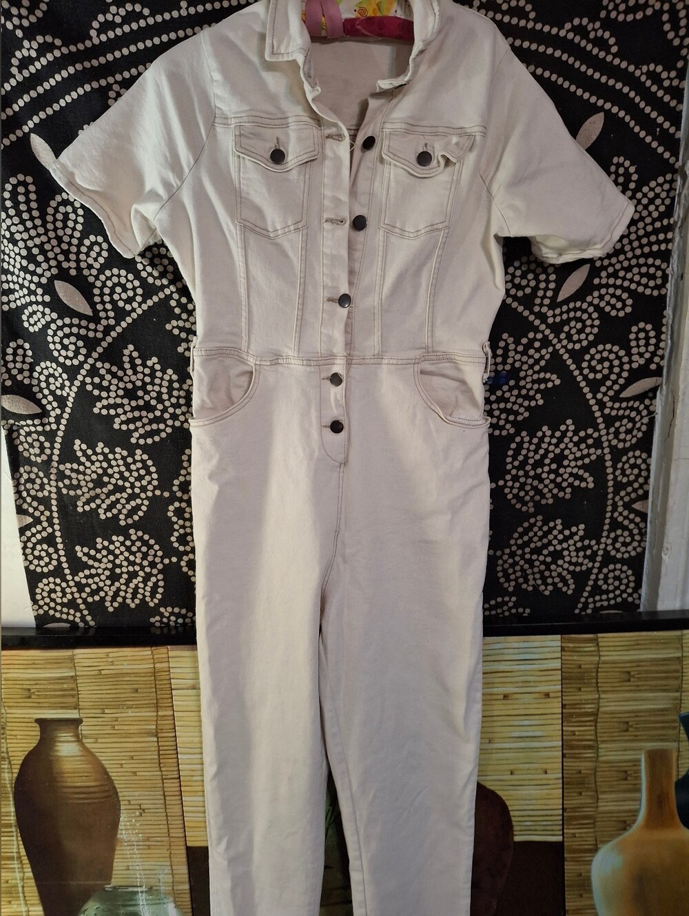 Avec Les Filles Cream Short-Sleeve Denim Jumpsuit